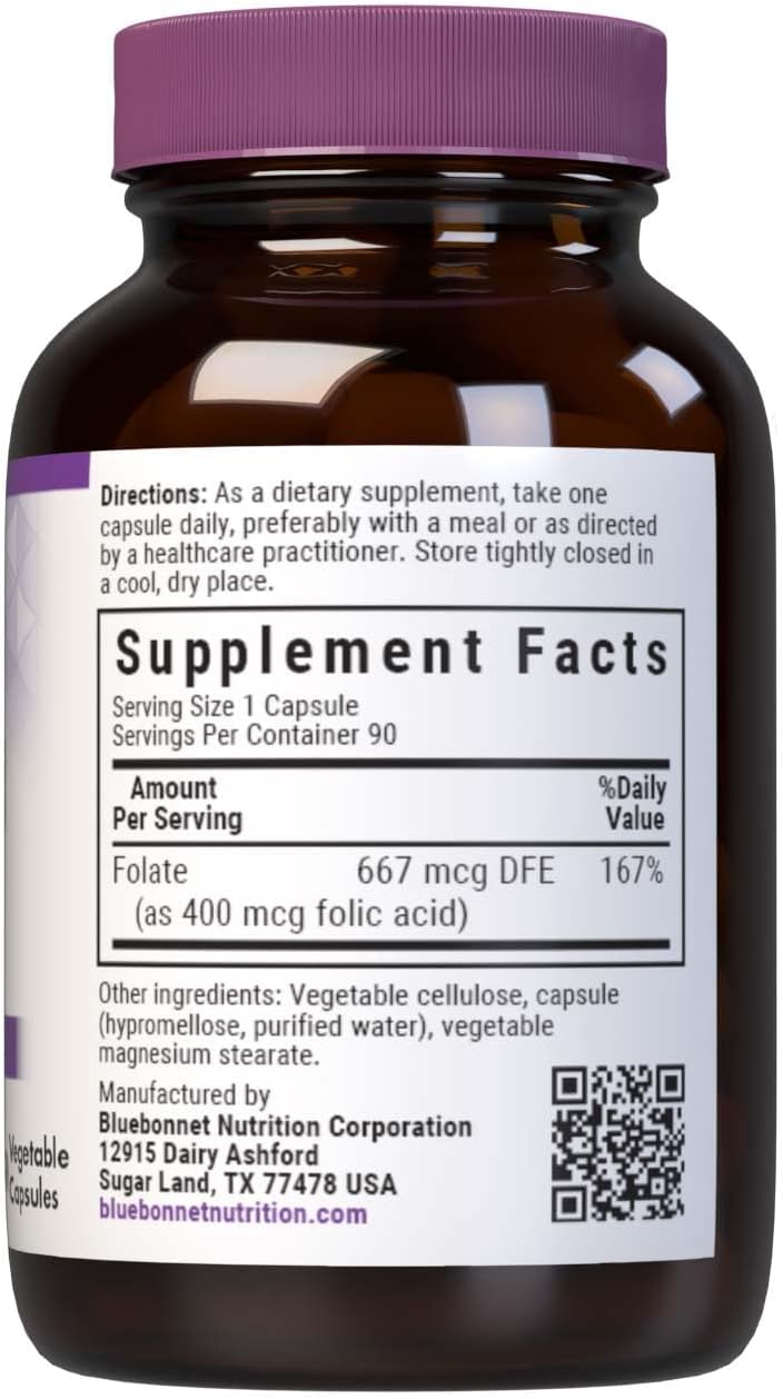 Bluebonnet Nutrition Folic Acid 400 mcg Capsules for Prenatal & Postnatal Health - Non-GMO, Vegan, Kosher, Gluten-Free - 90 Servings