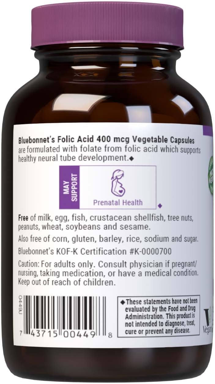 Bluebonnet Nutrition Folic Acid 400 mcg Capsules for Prenatal & Postnatal Health - Non-GMO, Vegan, Kosher, Gluten-Free - 90 Servings