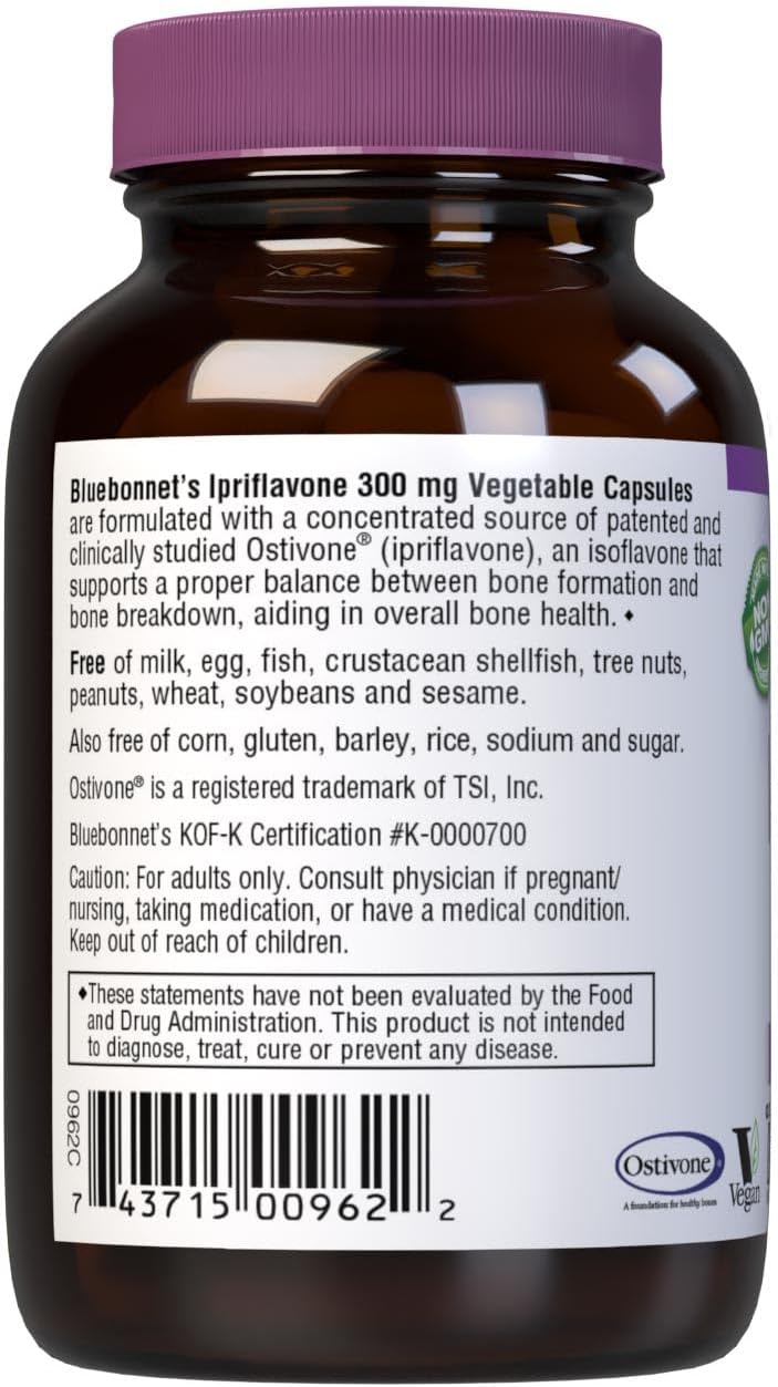 BlueBonnet Nutrition Ipriflavone 300mg Supplement for Bone Health - Ostivone Source - Non-GMO, Vegan, Kosher Certified, Gluten-Free - 60 Vegetable Capsules