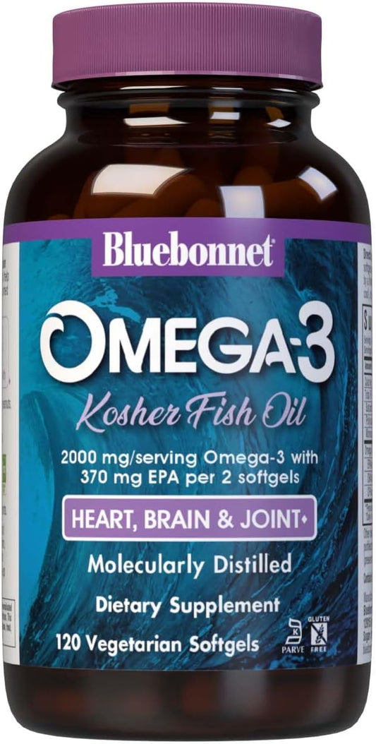Bluebonnet Nutrition Kosher Omega-3 Fish Oil Softgels - Gluten-Free, Dairy-Free, Non-GMO, 120 Softgels