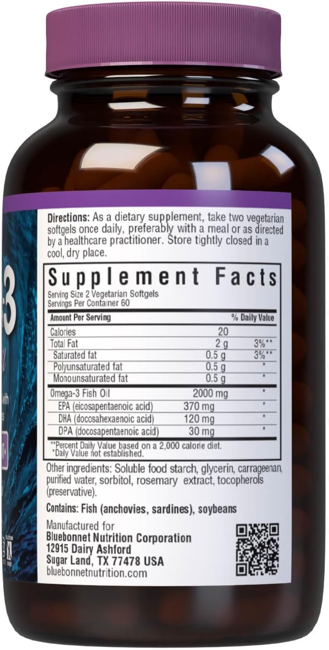 Bluebonnet Nutrition Kosher Omega-3 Fish Oil Softgels - Gluten-Free, Dairy-Free, Non-GMO, 120 Softgels