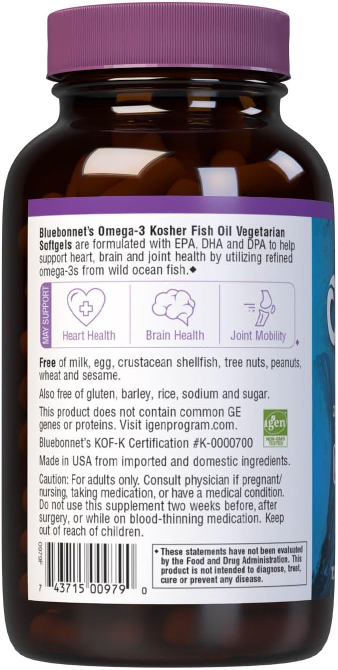 Bluebonnet Nutrition Kosher Omega-3 Fish Oil Softgels - Gluten-Free, Dairy-Free, Non-GMO, 120 Softgels