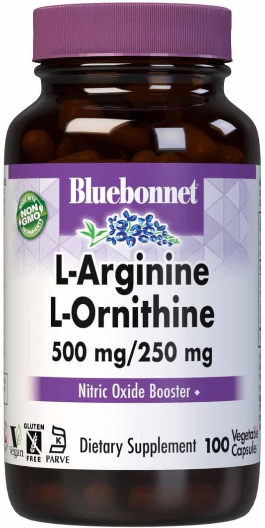 Bluebonnet Nutrition L-Arginine and L-Ornithine Capsules, 500mg and 250mg, Supports Protein Metabolism, Soy-Free, Gluten-Free, Non-GMO, Kosher Certified, Vegan, 100 Count