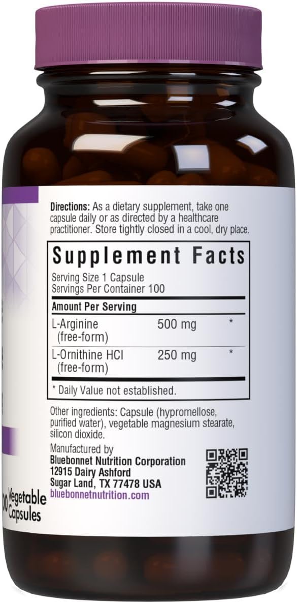 Bluebonnet Nutrition L-Arginine and L-Ornithine Capsules, 500mg and 250mg, Supports Protein Metabolism, Soy-Free, Gluten-Free, Non-GMO, Kosher Certified, Vegan, 100 Count