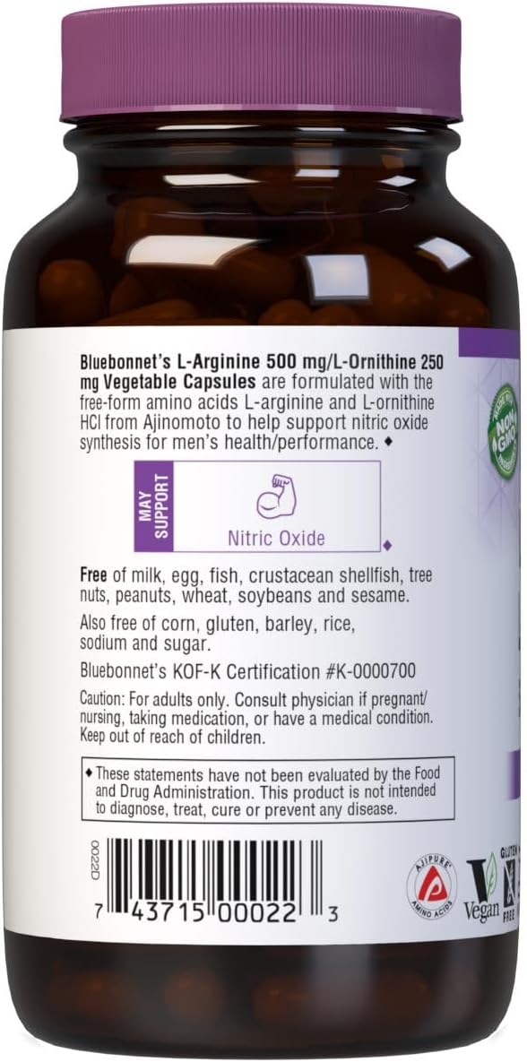 Bluebonnet Nutrition L-Arginine and L-Ornithine Capsules, 500mg and 250mg, Supports Protein Metabolism, Soy-Free, Gluten-Free, Non-GMO, Kosher Certified, Vegan, 100 Count