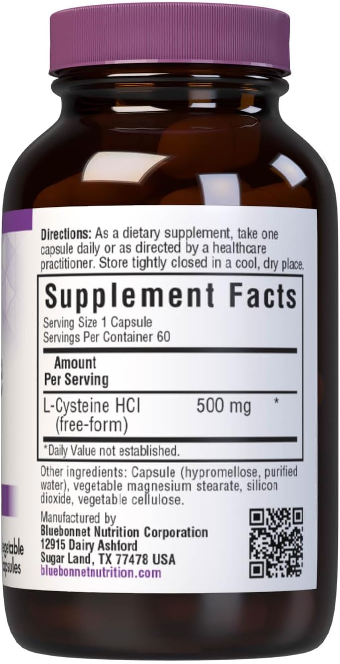 Bluebonnet Nutrition L-Cysteine 500mg Capsules - Promotes Healthy Skin, Hair & Nails - Non-GMO, Vegan, Soy-Free - 60 Count