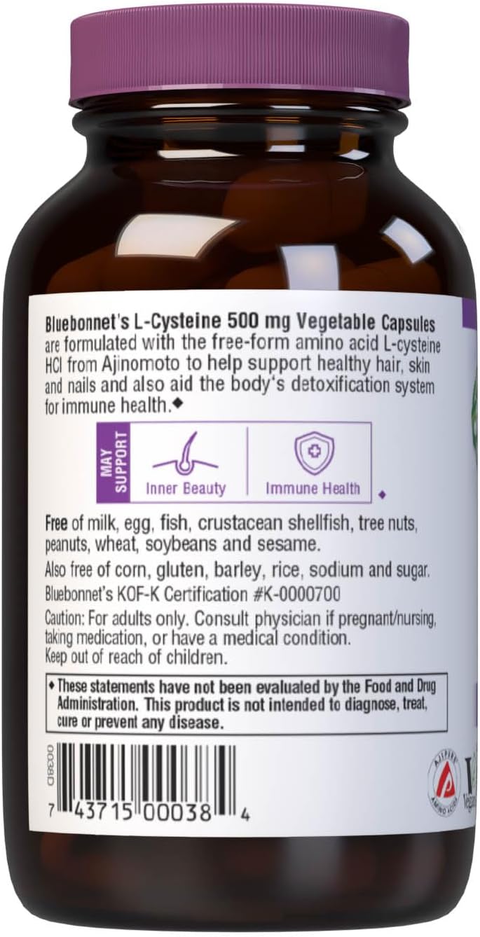 Bluebonnet Nutrition L-Cysteine 500mg Capsules - Promotes Healthy Skin, Hair & Nails - Non-GMO, Vegan, Soy-Free - 60 Count
