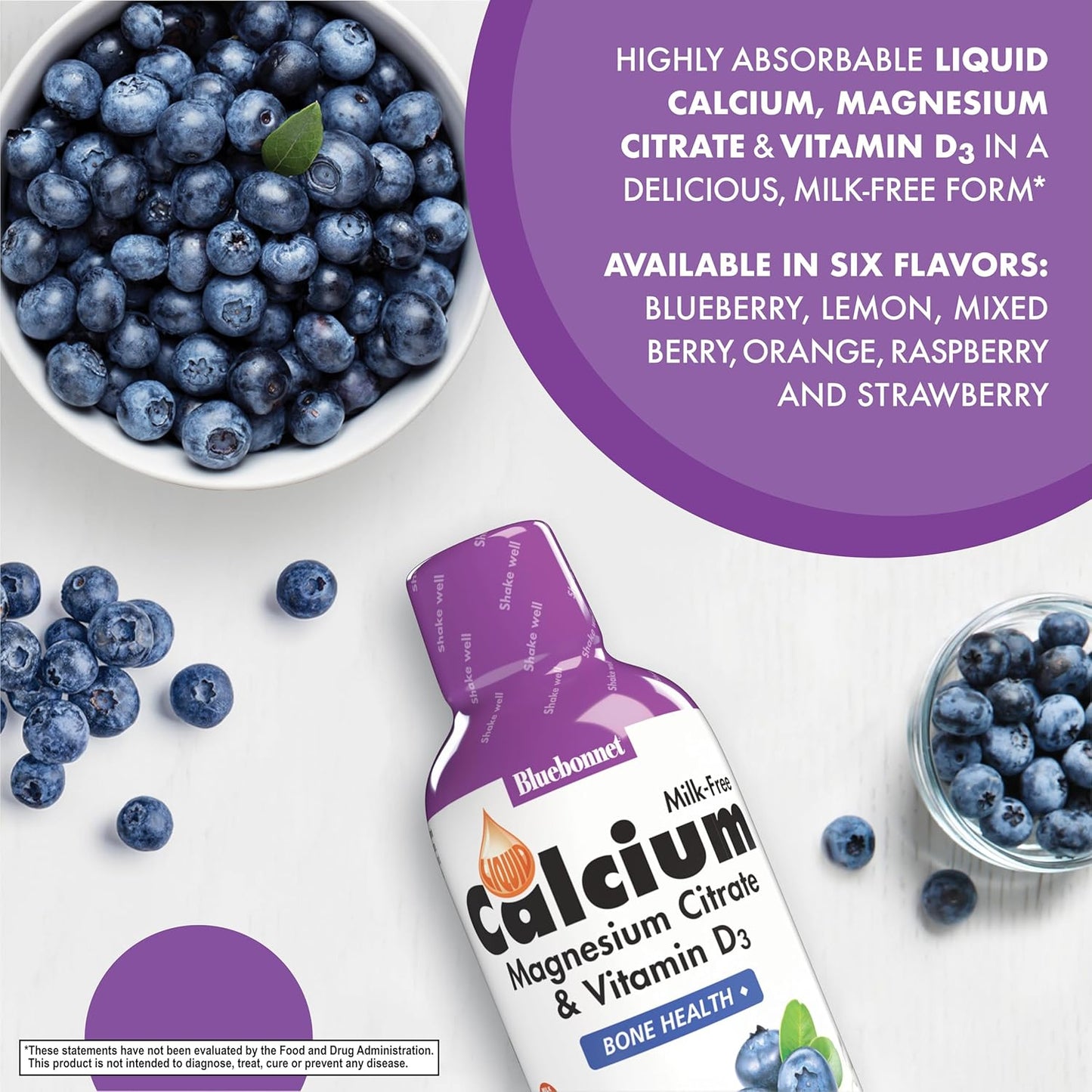 Bluebonnet Nutrition Liquid Calcium Citrate Magnesium Citrate with Vitamin D3 for Bone Health - Gluten, Soy, Milk Free - Kosher Blueberry & Mixed Berry Combo