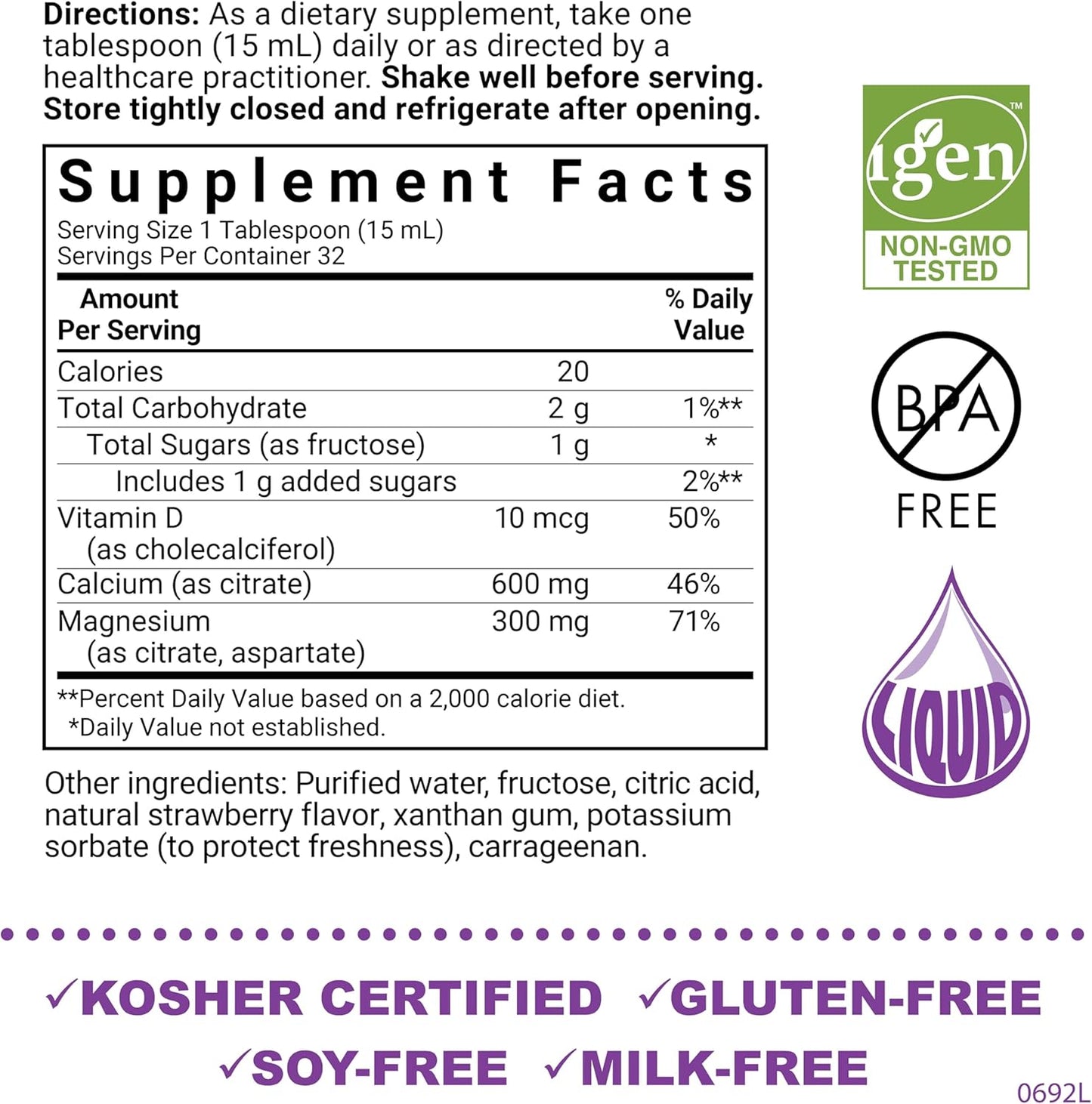 Bluebonnet Nutrition Liquid Calcium Citrate with Magnesium and Vitamin D3 for Bone Health - Strawberry Flavor, 16 Fl Oz