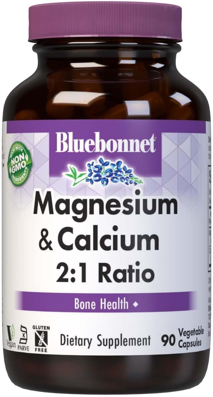 Bluebonnet Nutrition Magnesium & Calcium 2:1 Ratio Capsules, Bone Health Support, Non-GMO, Vegan, Kosher, Gluten-Free, Soy-Free, Dairy-Free, 90 Capsules