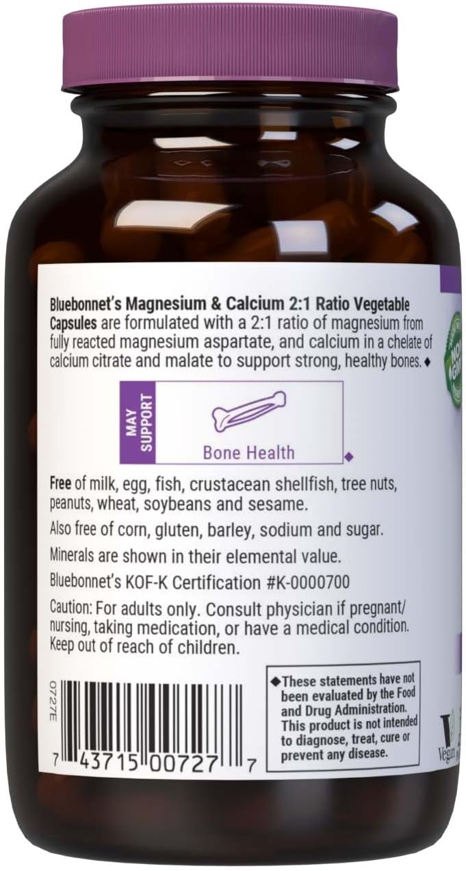 Bluebonnet Nutrition Magnesium & Calcium 2:1 Ratio Capsules, Bone Health Support, Non-GMO, Vegan, Kosher, Gluten-Free, Soy-Free, Dairy-Free, 90 Capsules