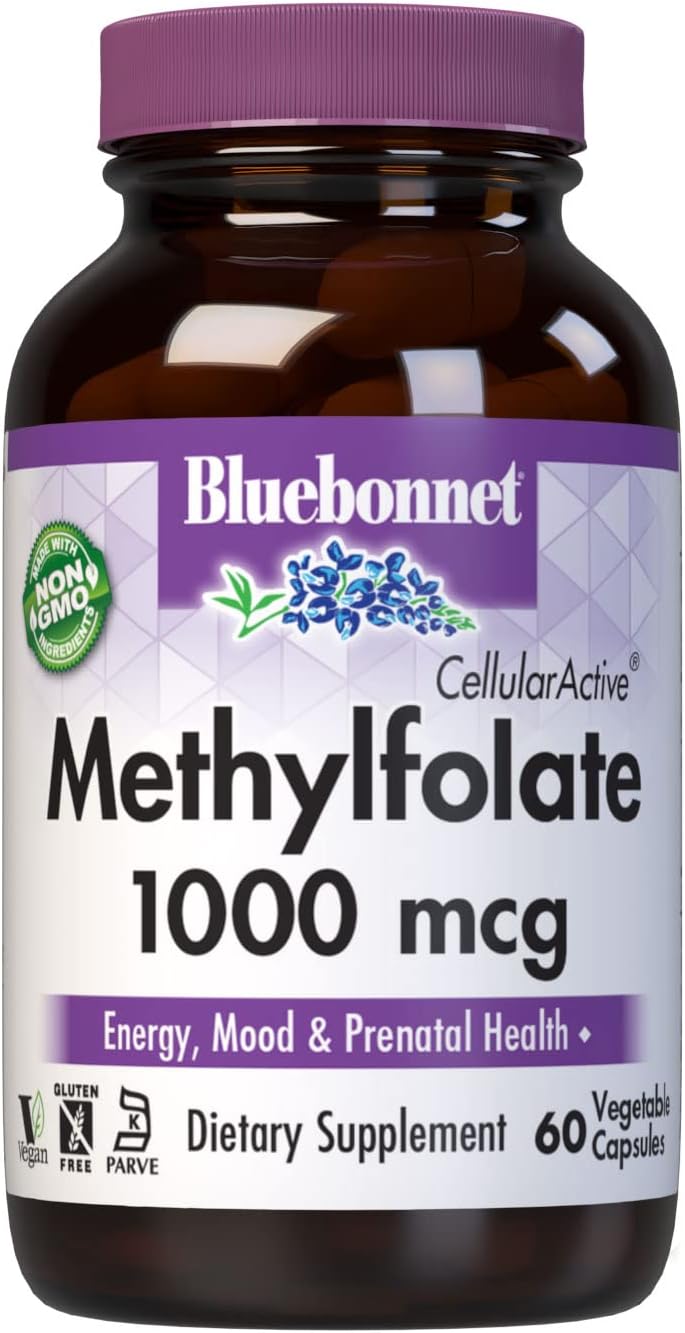 Bluebonnet Nutrition Methylfolate 1000 mcg with Quatrefolic - Energy, Mood, Prenatal Health - Vegan, Gluten-Free, Non-GMO - 60 Capsules