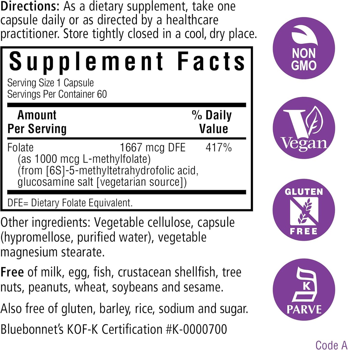 Bluebonnet Nutrition Methylfolate 1000 mcg with Quatrefolic - Energy, Mood, Prenatal Health - Vegan, Gluten-Free, Non-GMO - 60 Capsules