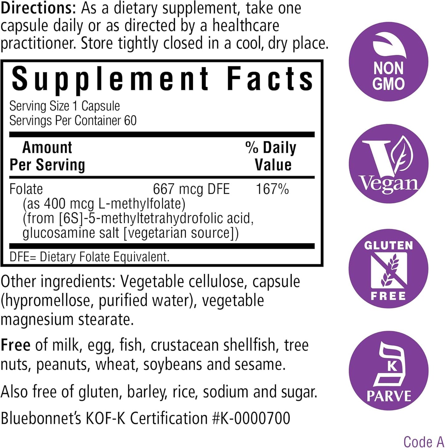 Bluebonnet Nutrition Methylfolate 400 mcg with Quatrefolic - Energy, Mood, Prenatal Health - Vegan, Gluten-Free, Non-GMO - 60 Capsules