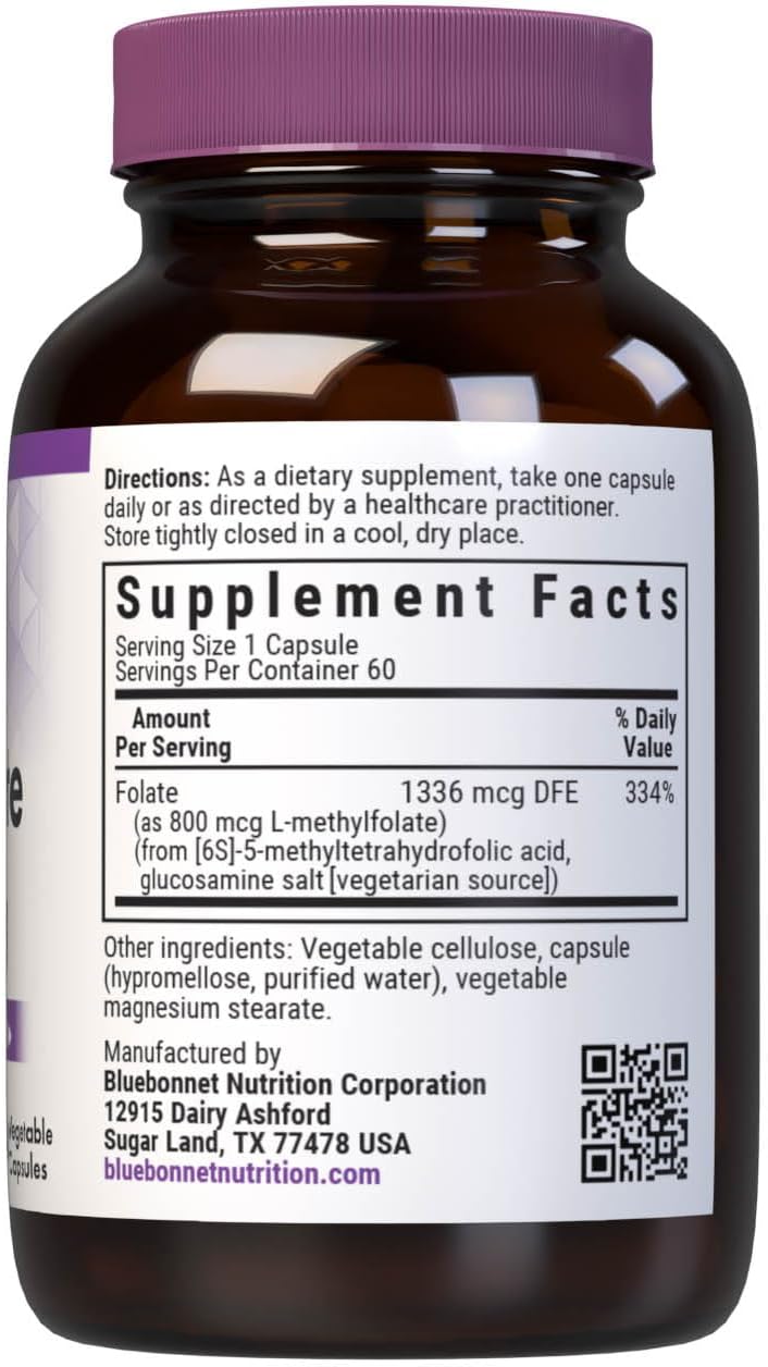 Bluebonnet Nutrition Methylfolate 800 mcg with Quatrefolic - Energy, Mood, Prenatal Health - Vegan, Gluten-Free - 60 Capsules