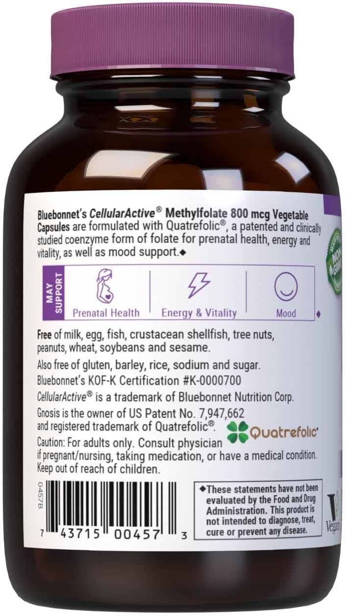 Bluebonnet Nutrition Methylfolate 800 mcg with Quatrefolic - Energy, Mood, Prenatal Health - Vegan, Gluten-Free - 60 Capsules