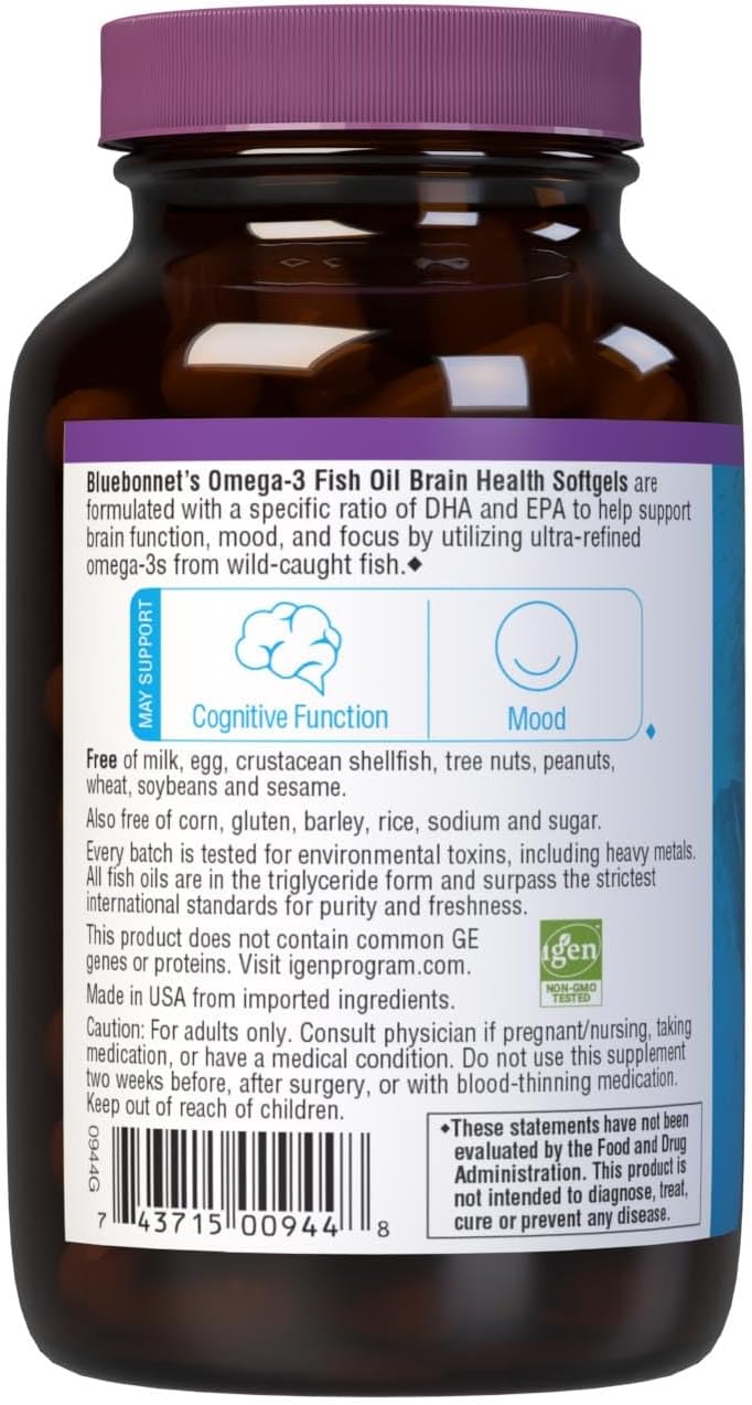 Bluebonnet Nutrition Omega-3 Brain Formula | High Concentration Cognitive Health Support | Natural Wild Caught Triglyceride Form DHA 860 mg EPA 120 mg | Gluten-Free | 60 Softgels