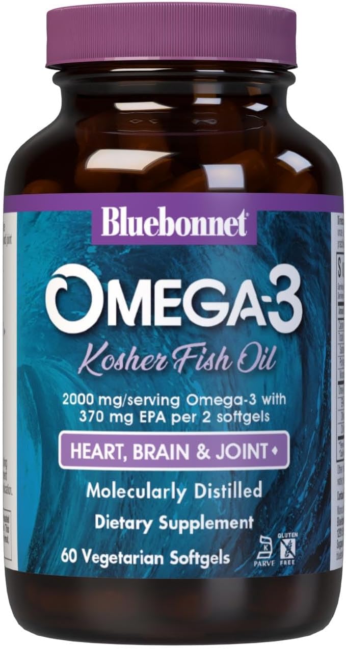Bluebonnet Nutrition Omega-3 Kosher Fish Oil Softgels, Non-GMO, Gluten-Free, Dairy-Free, 60 Vegetarian Softgels