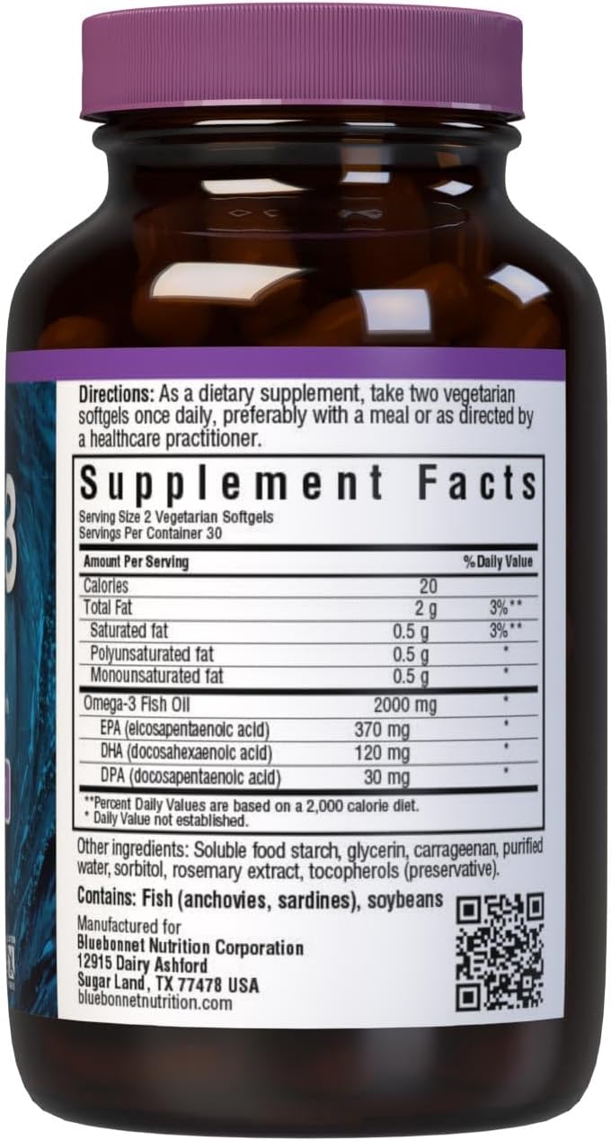 Bluebonnet Nutrition Omega-3 Kosher Fish Oil Softgels, Non-GMO, Gluten-Free, Dairy-Free, 60 Vegetarian Softgels