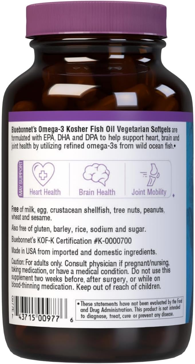 Bluebonnet Nutrition Omega-3 Kosher Fish Oil Softgels, Non-GMO, Gluten-Free, Dairy-Free, 60 Vegetarian Softgels