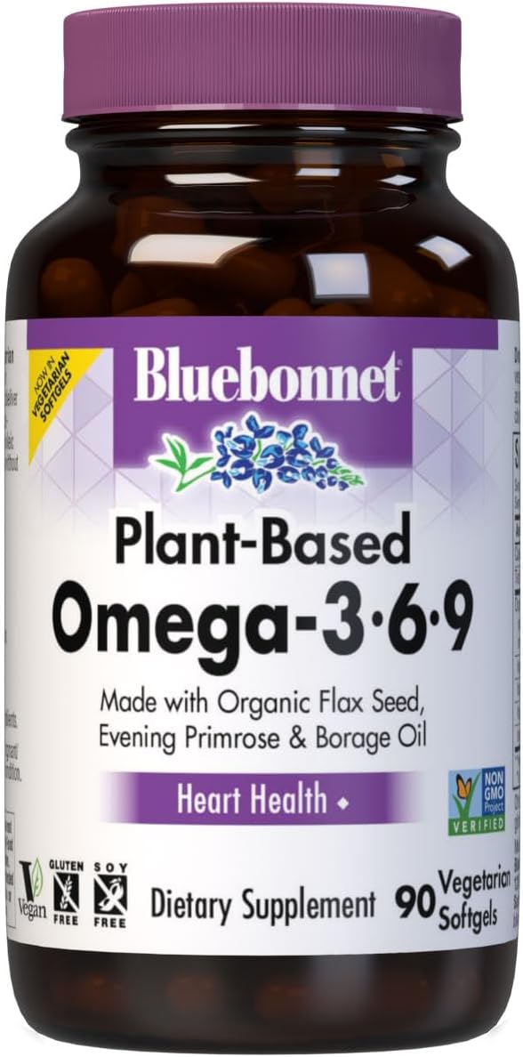 Bluebonnet Nutrition Plant Based Omega 3-6-9 Softgels - Heart Health Support - Cold Pressed Oil - Non-GMO, Vegan - Gluten, Soy, Milk Free - 90 Servings