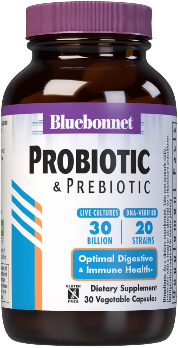 Bluebonnet Nutrition Probiotic and Prebiotic Capsules, 30 Billion CFU for Immune Support and Digestive Health, Gluten-Free & Non-GMO, 30 Count Bottle