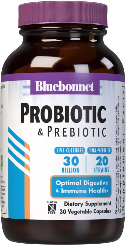 Bluebonnet Nutrition Probiotic and Prebiotic Capsules, 30 Billion CFU for Immune Support and Digestive Health, Gluten-Free & Non-GMO, 30 Count Bottle