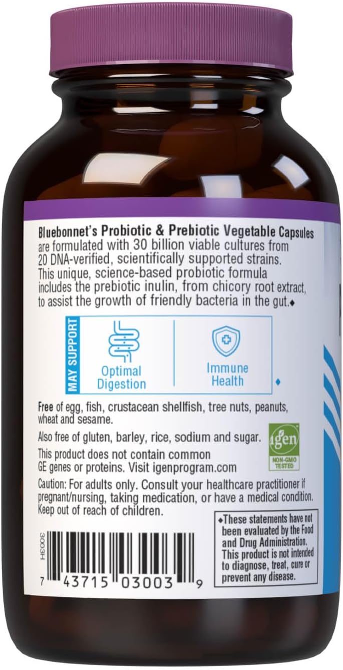 Bluebonnet Nutrition Probiotic and Prebiotic Capsules, 30 Billion CFU for Immune Support and Digestive Health, Gluten-Free & Non-GMO, 30 Count Bottle