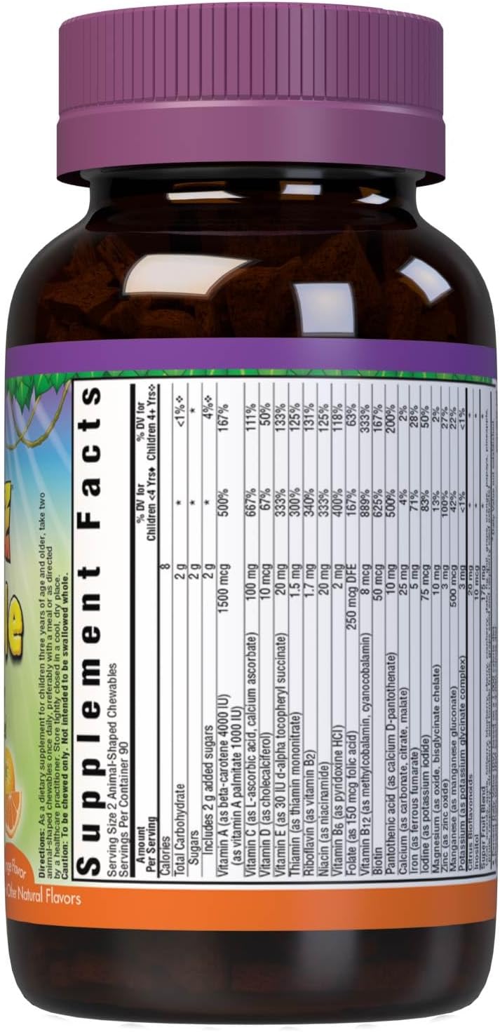 Bluebonnet Nutrition Rainforest Animalz Kids Multivitamin Chewable Tablets - Whole Food Based, Vitamin C, D3, Iron - 180 Tablets, Orange Flavor - Gluten Free, Milk Free, Kosher