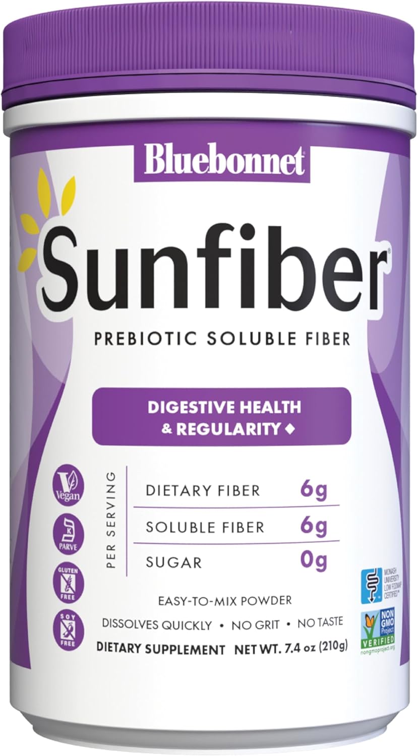 Bluebonnet Nutrition Sunfiber: 6g Plant-Based Prebiotic Fiber for Digestive Health - Instant Dissolve, Non-GMO, Vegan, Kosher - Unflavored, 7.4 OZ