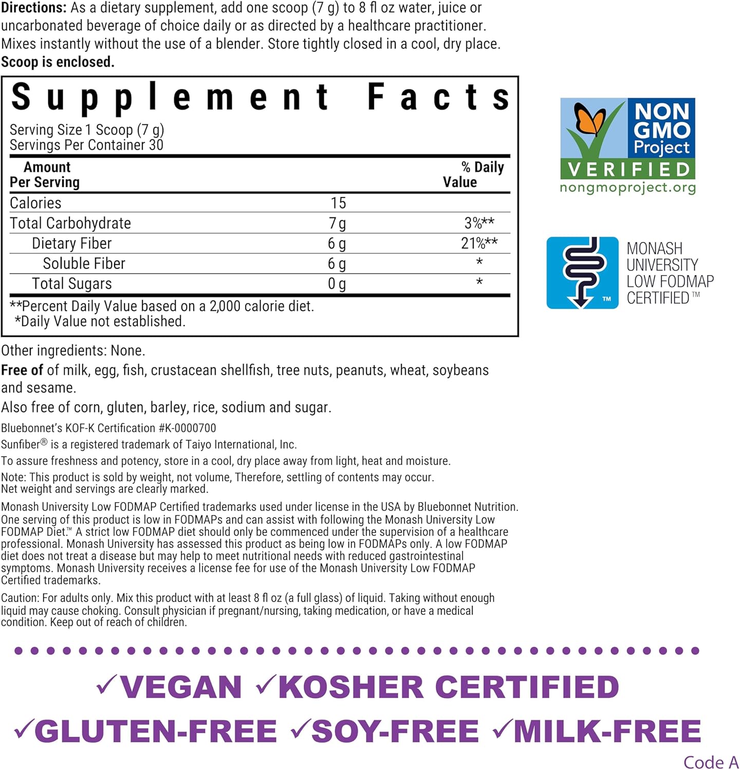 Bluebonnet Nutrition Sunfiber: 6g Plant-Based Prebiotic Fiber for Digestive Health - Instant Dissolve, Non-GMO, Vegan, Kosher - Unflavored, 7.4 OZ