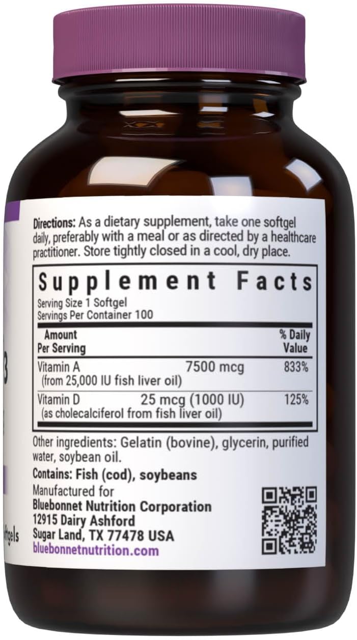 Bluebonnet Nutrition Vitamin A & D3 25,000 IU/1,000 IU Softgels - Deep Sea Fish Oil - Eye Health & Immune Support - Gluten & Dairy Free - 100 Servings