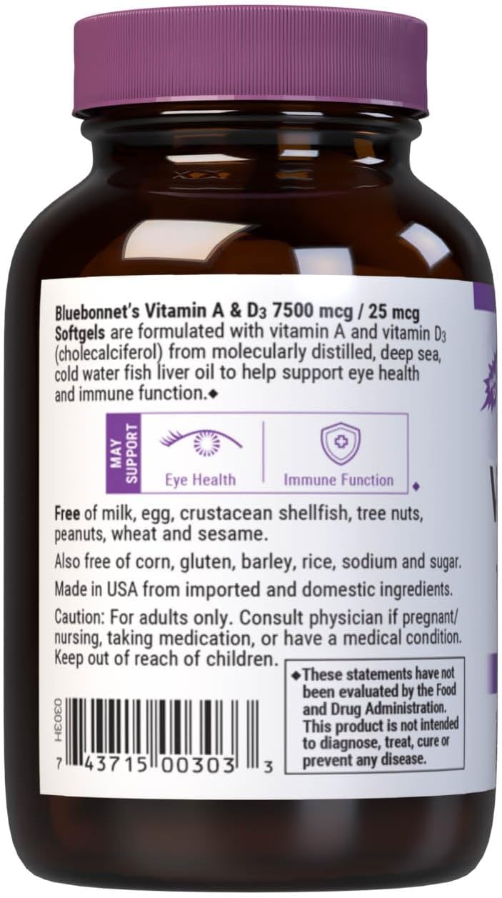 Bluebonnet Nutrition Vitamin A & D3 25,000 IU/1,000 IU Softgels - Deep Sea Fish Oil - Eye Health & Immune Support - Gluten & Dairy Free - 100 Servings