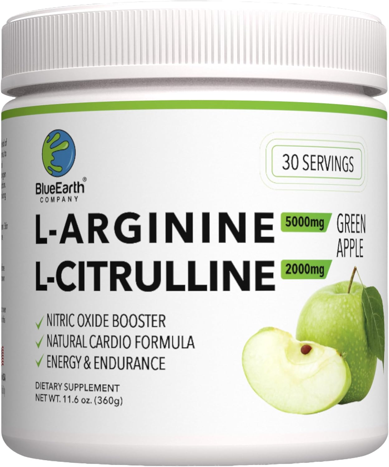 BlueEarth Company L-Arginine and L-Citrulline Powder Supplement - Nitric Oxide Booster for Heart Health and Energy - Green Apple Flavor - 30 Servings
