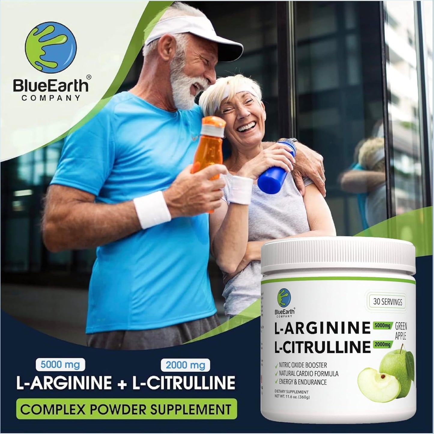 BlueEarth Company L-Arginine and L-Citrulline Powder Supplement - Nitric Oxide Booster for Heart Health and Energy - Green Apple Flavor - 30 Servings