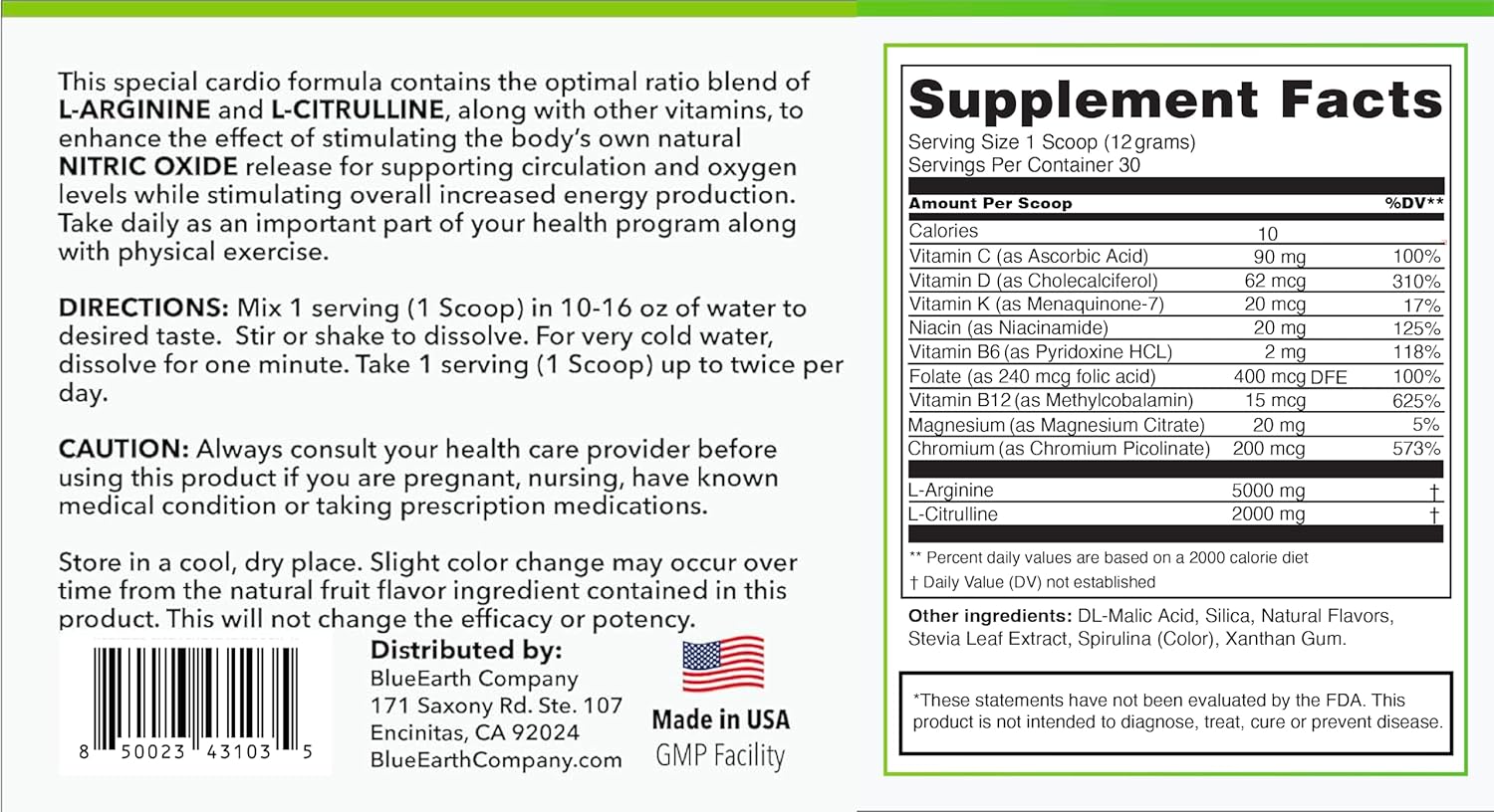BlueEarth Company L-Arginine and L-Citrulline Powder Supplement - Nitric Oxide Booster for Heart Health and Energy - Green Apple Flavor - 30 Servings