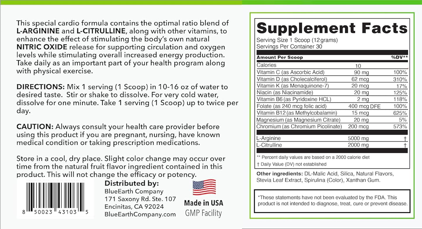 BlueEarth Company L-Arginine and L-Citrulline Powder Supplement - Nitric Oxide Booster for Heart Health and Energy - Green Apple Flavor - 30 Servings