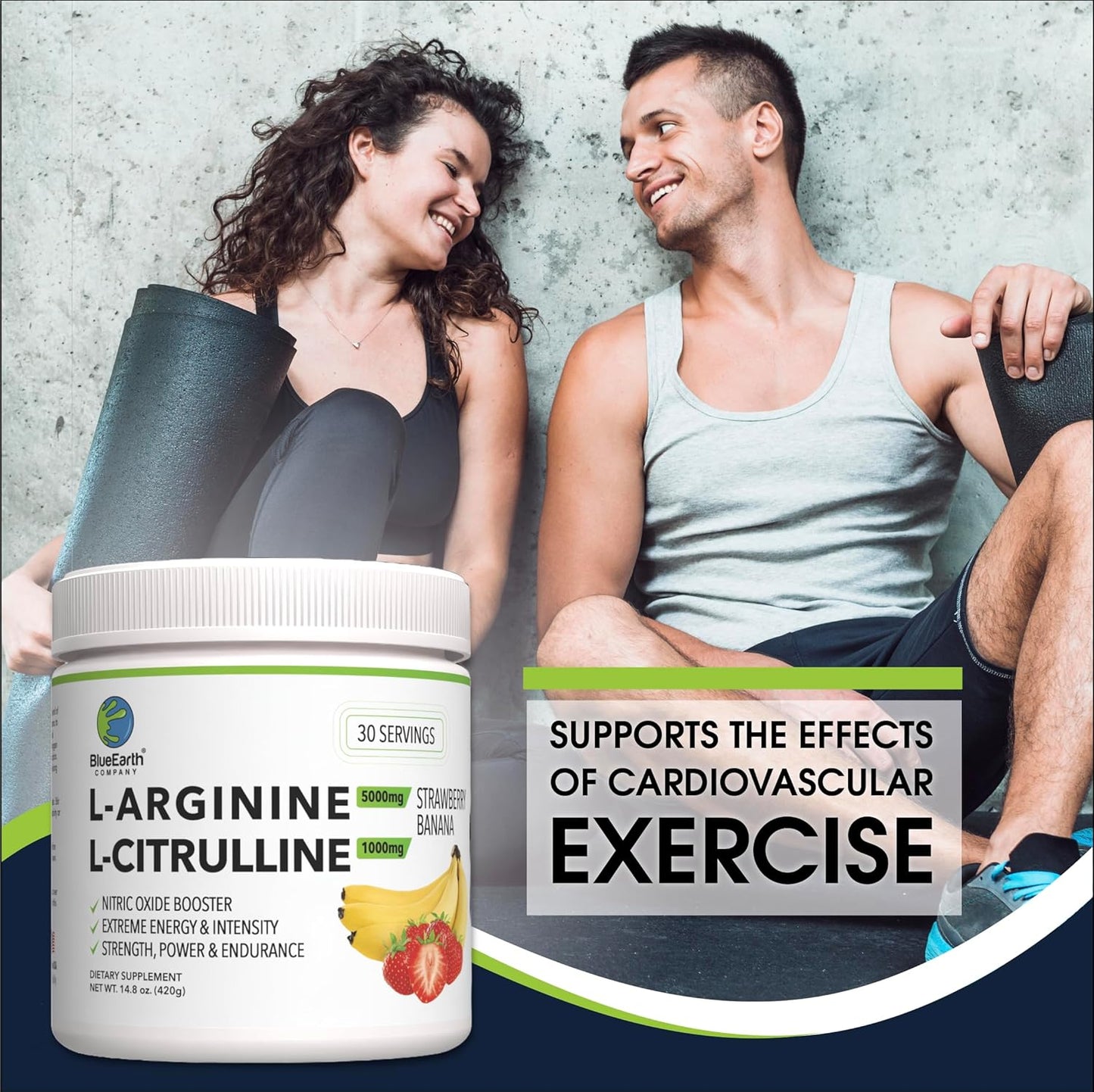 BlueEarth Company Nitric Oxide Booster Drink Mix - Heart Health & Energy Support - L-Arginine 5000mg + L-Citrulline Complex - Strawberry Banana Flavor - 30 Servings