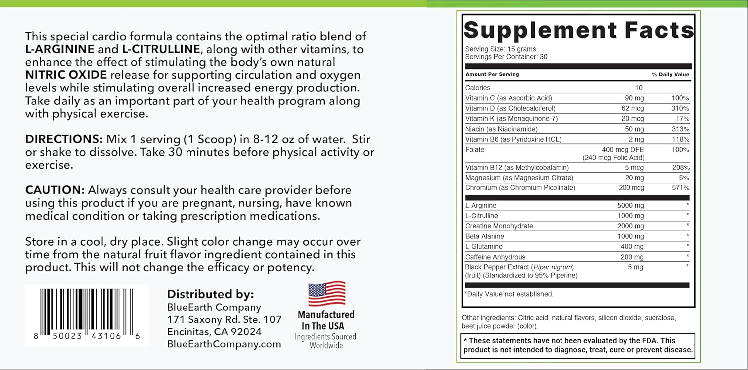 BlueEarth Company Nitric Oxide Booster Drink Mix - Heart Health & Energy Support - L-Arginine 5000mg + L-Citrulline Complex - Strawberry Banana Flavor - 30 Servings