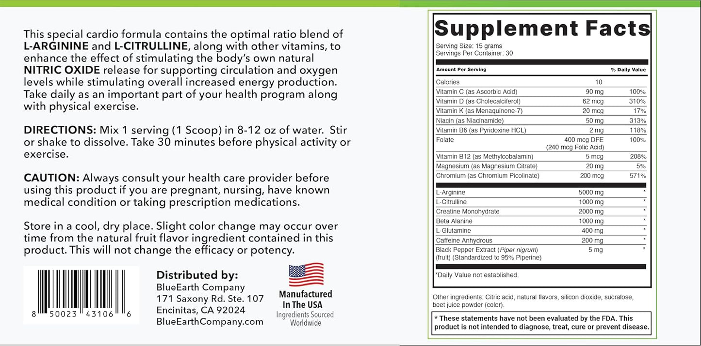 BlueEarth Company Nitric Oxide Booster Drink Mix - Heart Health & Energy Support - L-Arginine 5000mg + L-Citrulline Complex - Strawberry Banana Flavor - 30 Servings