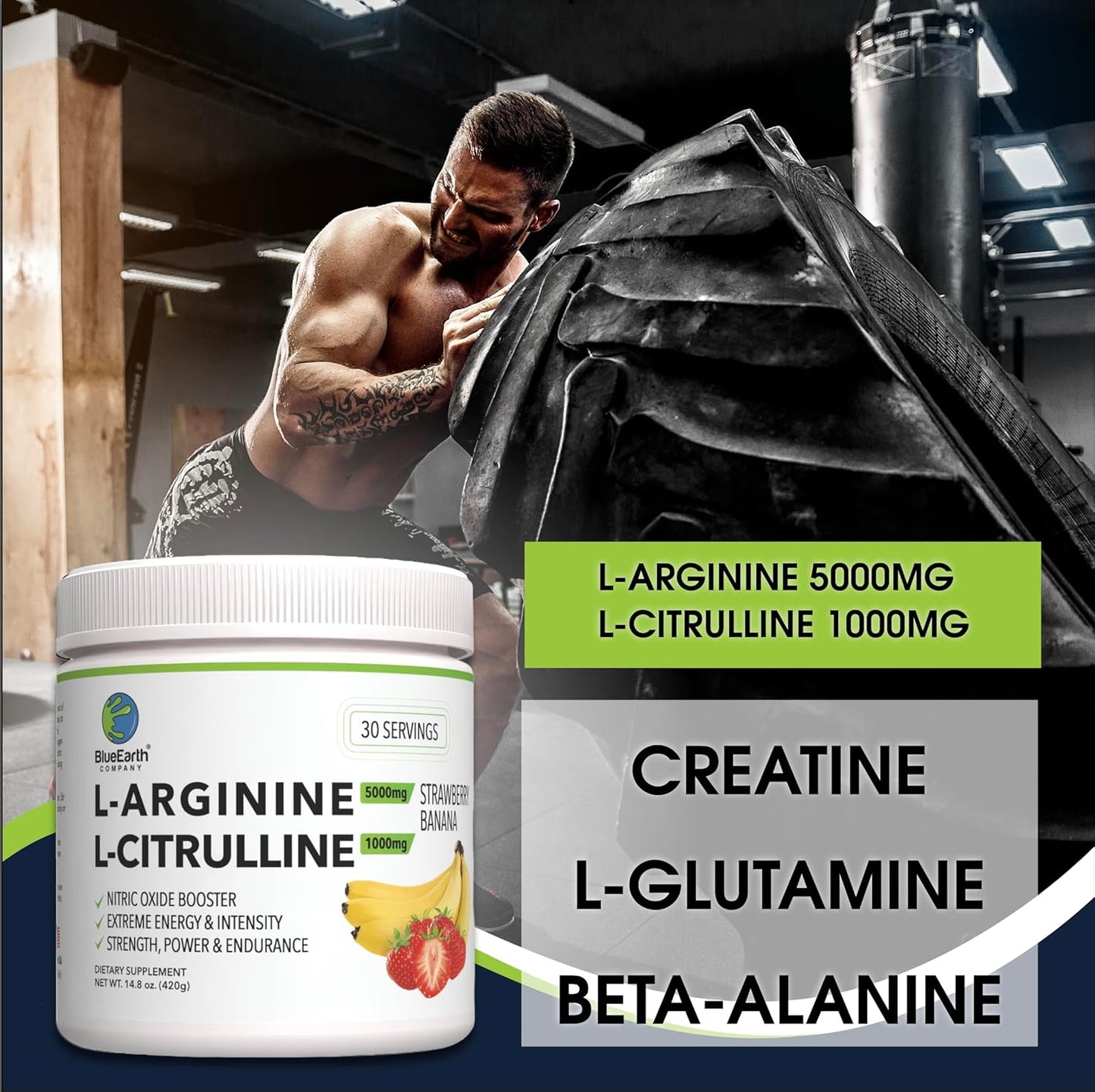 BlueEarth Company Nitric Oxide Booster Drink Mix - Heart Health & Energy Support - L-Arginine 5000mg + L-Citrulline Complex - Strawberry Banana Flavor - 30 Servings