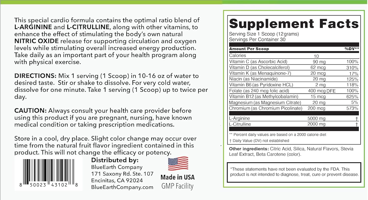 BlueEarth Company Nitric Oxide Booster Powder Supplement - L-Arginine & L-Citrulline Complex for Heart Health, Energy & Endurance - 30 Servings - Pineapple Flavor