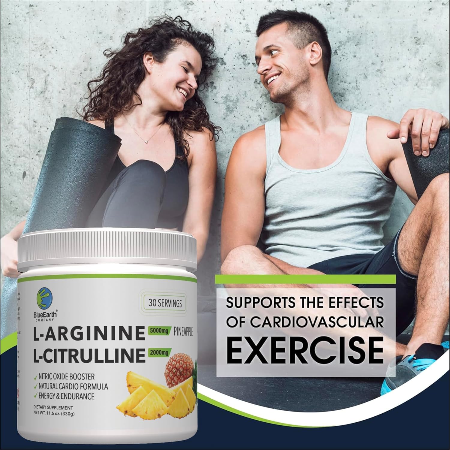 BlueEarth Company Nitric Oxide Booster Powder Supplement - L-Arginine & L-Citrulline Complex for Heart Health, Energy & Endurance - 30 Servings - Pineapple Flavor