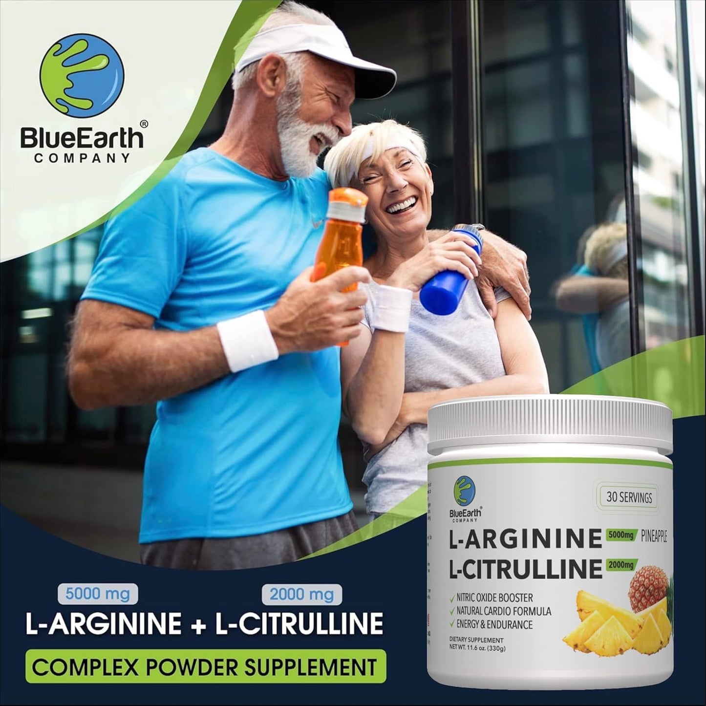 BlueEarth Company Nitric Oxide Booster Powder Supplement - L-Arginine & L-Citrulline Complex for Heart Health, Energy & Endurance - 30 Servings - Pineapple Flavor