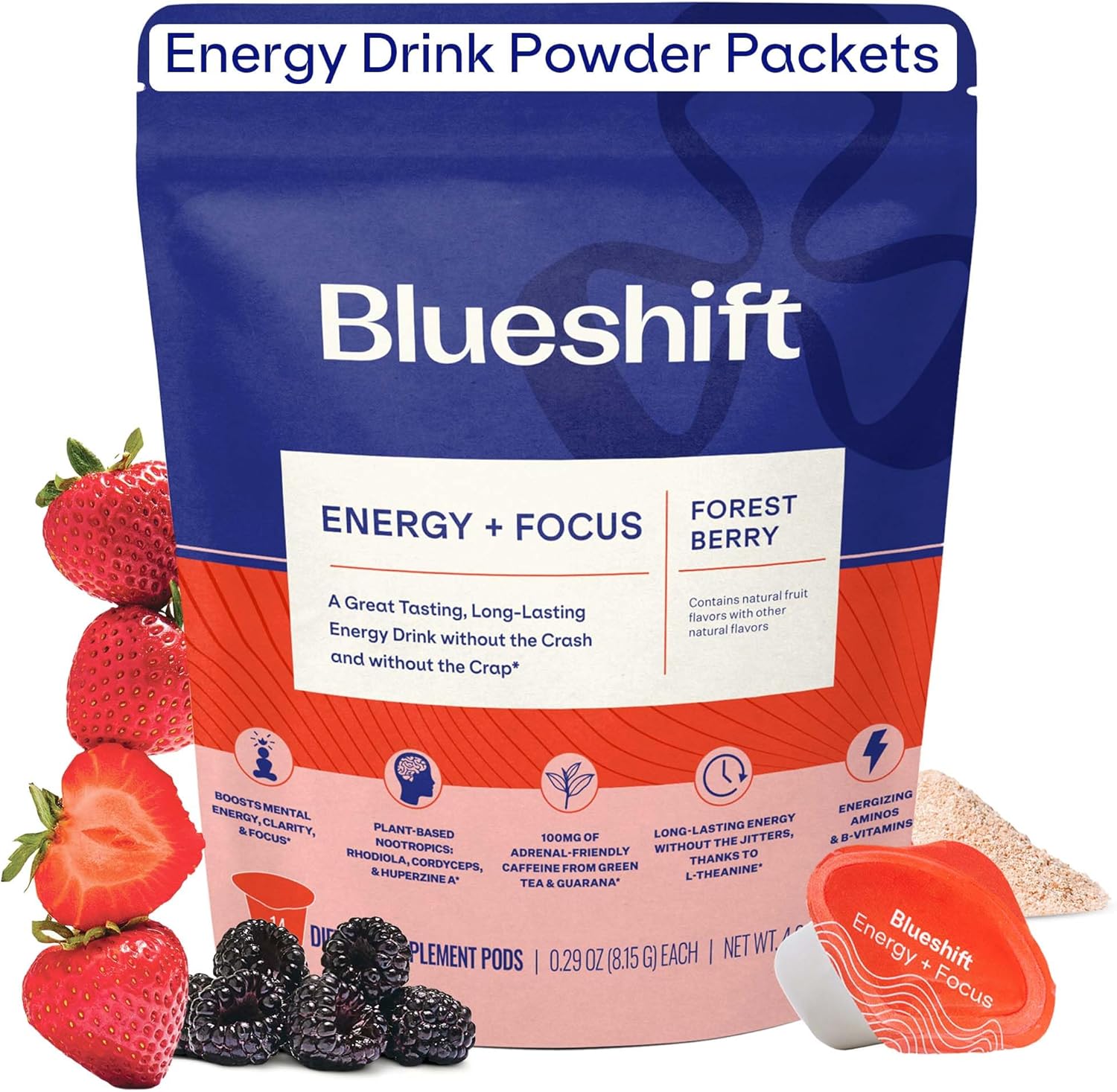 Blueshift Energy + Focus Powder Pods - Healthy Caffeine Drink Mix Sticks with Guarana, B Vitamins, No Sugar - On-The-Go Packets (14 Pack)