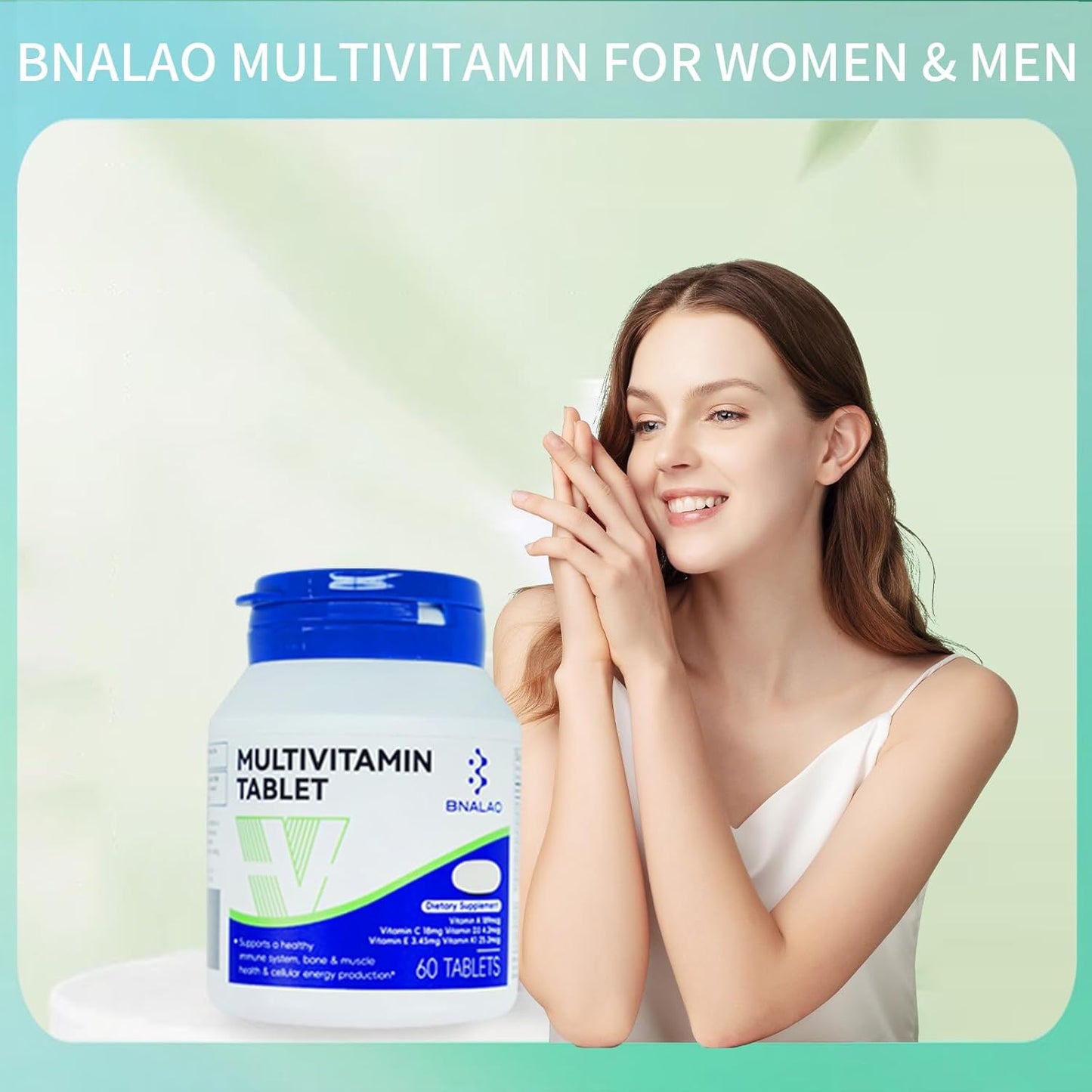 Bnalao Multivitamin for Women & Men - Vitamin A, C, D3, E, K1, Zinc - Vegetarian, Gluten-Free - 60 Tablets