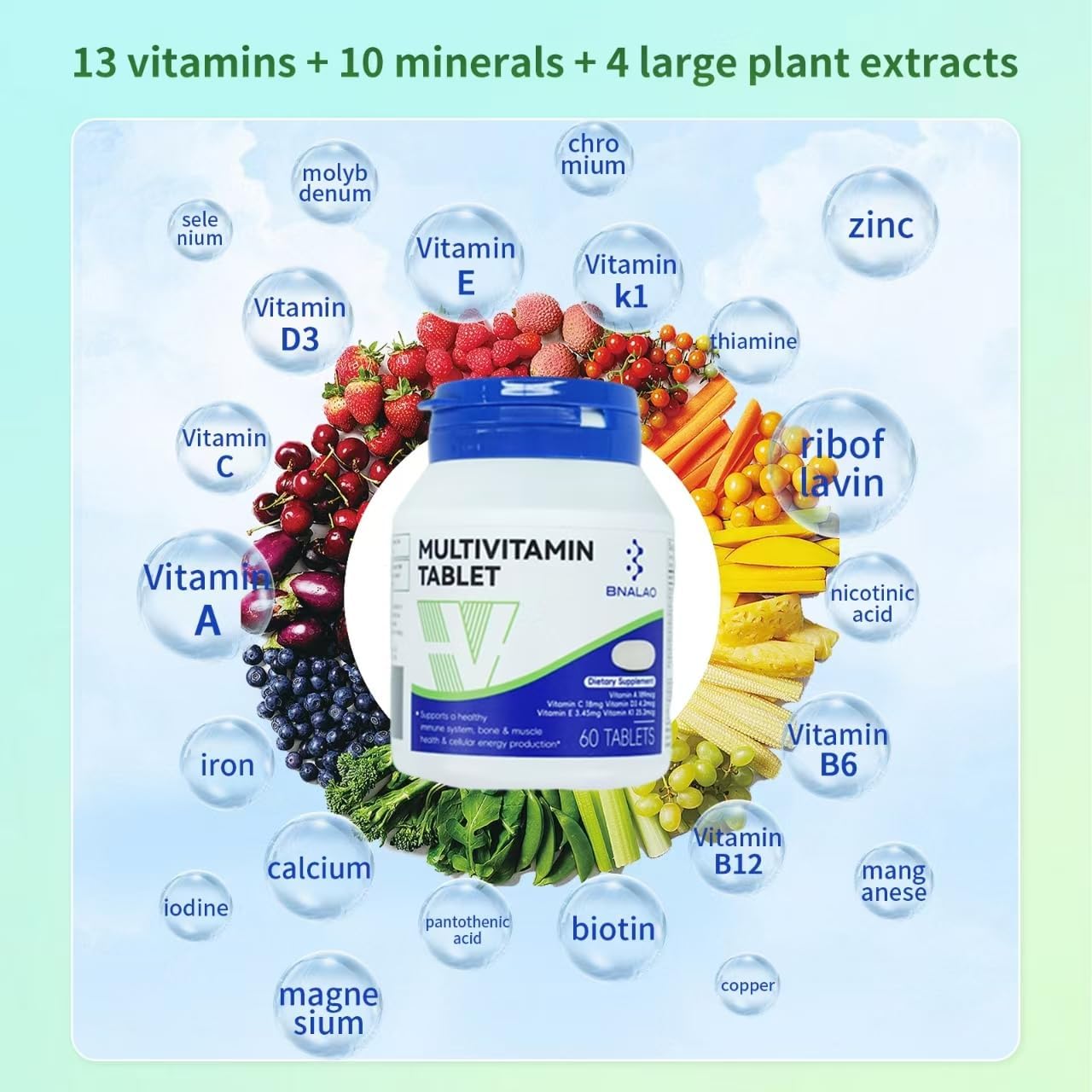 Bnalao Multivitamin for Women & Men - Vitamin A, C, D3, E, K1, Zinc - Vegetarian, Gluten-Free - 60 Tablets