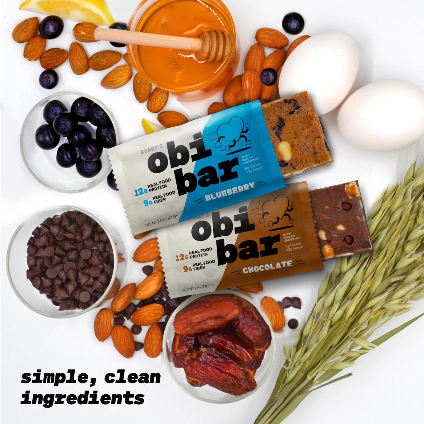Bobby's Obi Bar Sampler Pack - All Natural Protein and Oat Fiber Bars | Meal Bar for Heart and Gut Health | Low Glycemic | 6 Chocolate & 6 Blueberry Bars with Almond Chunks | Soy and Dairy Free | 2.4oz, 12 Pack