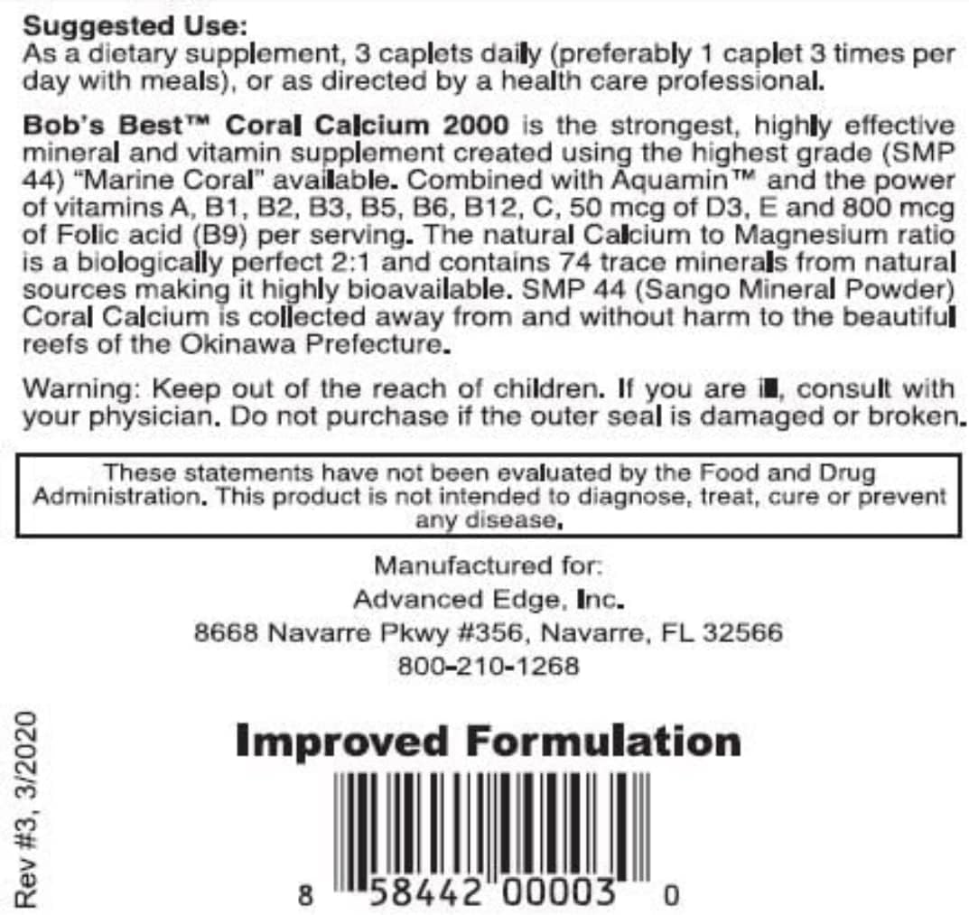 Bob's Best Coral Calcium Supplement - High Potency 2000mg, 90 Caplets for Bone Health & Immune Support