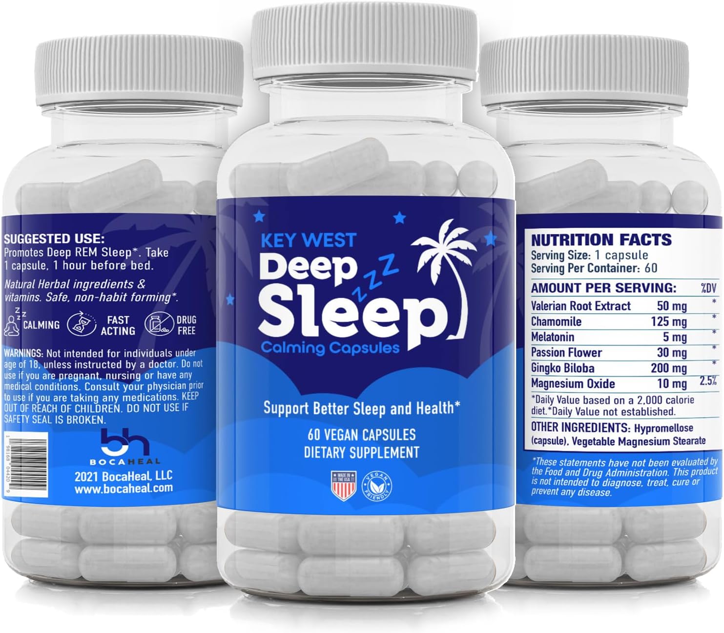 BocaHeal Key West Deep Sleep Capsules - 60 Count Bottle for Restful Sleep